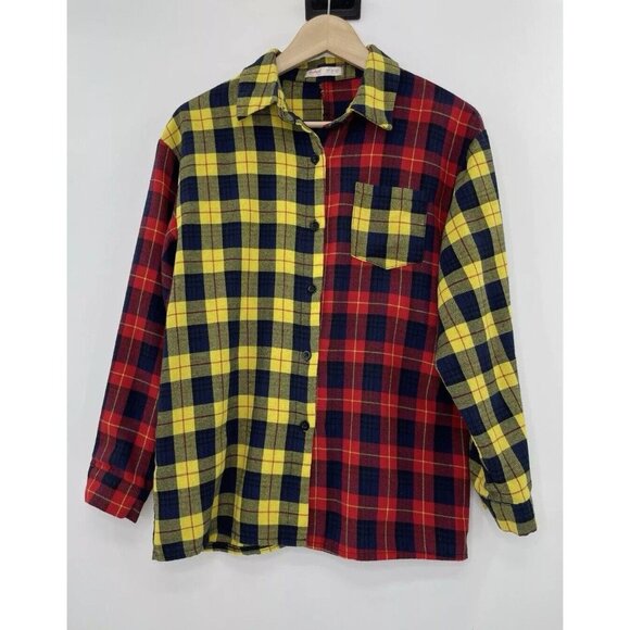 Romwe‎ Women’s Red/Yellow Colorblock Button Down Flannel Shirt Size Small, Boho - Picture 1 of 12